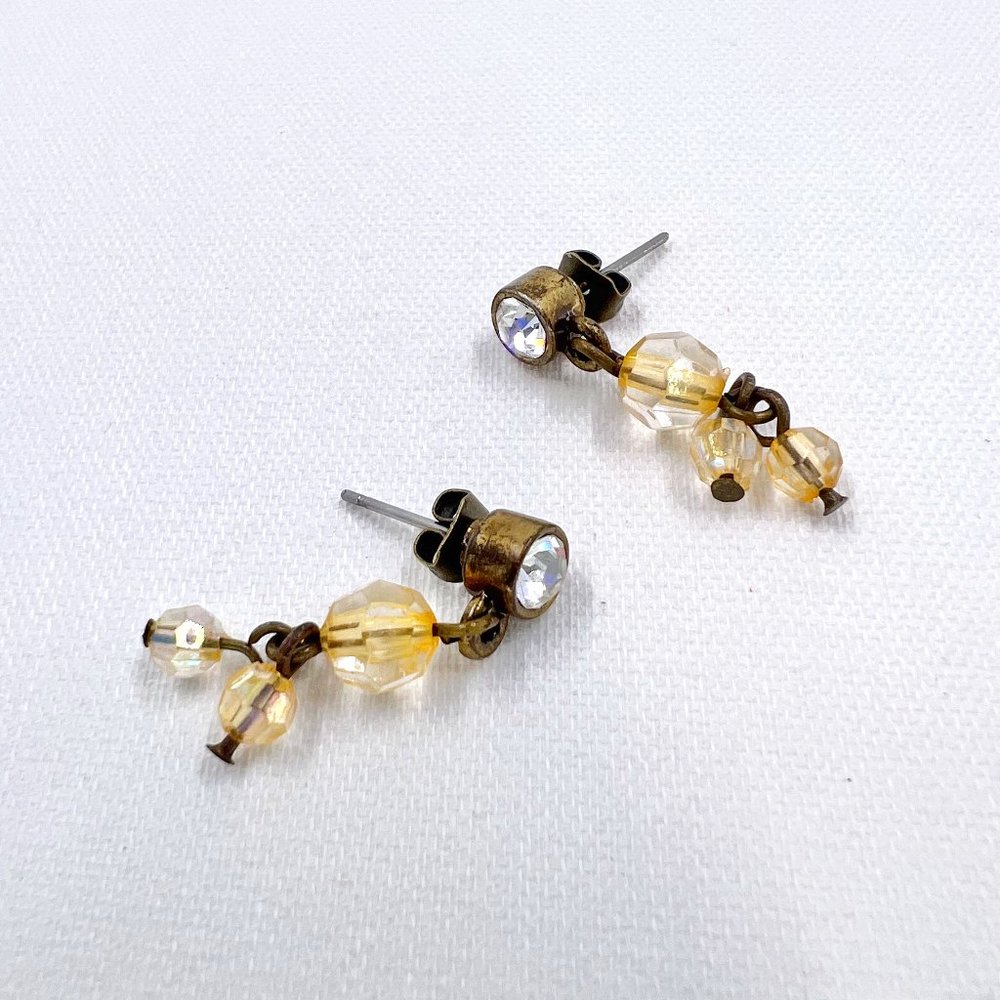 Tan Faceted Beaded Brass Tone 1” Jeweled Post Earrings